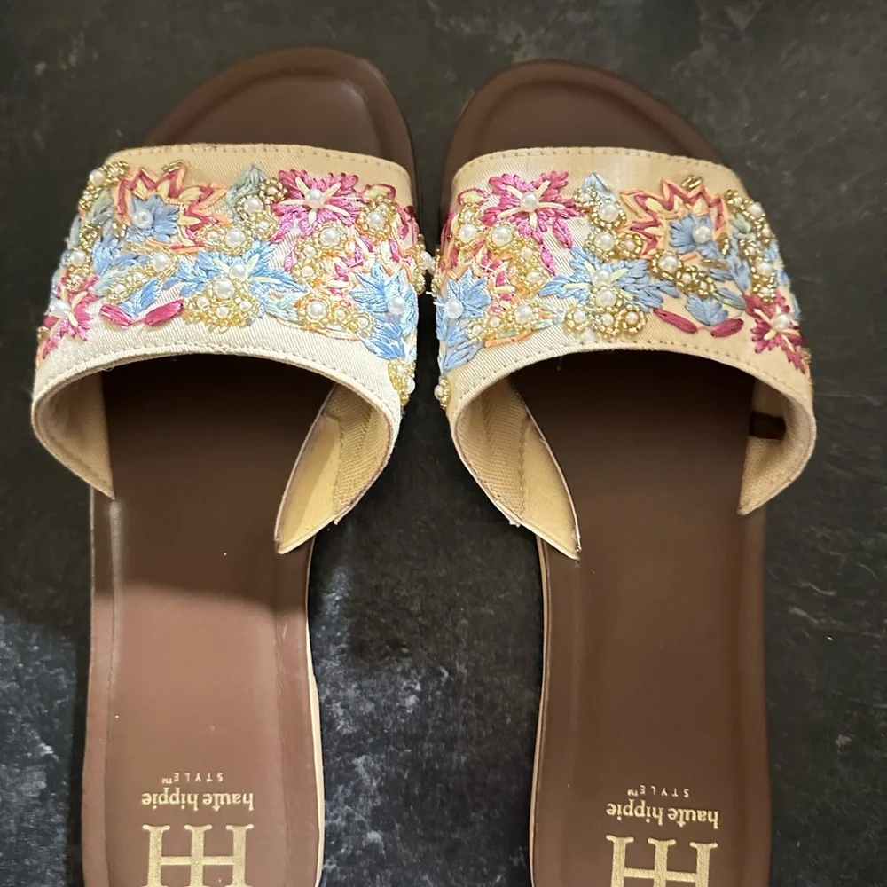 Haute Hippie Floral Embroidered Sandals - Blue and Pink on Beige - Picture 7 of 10